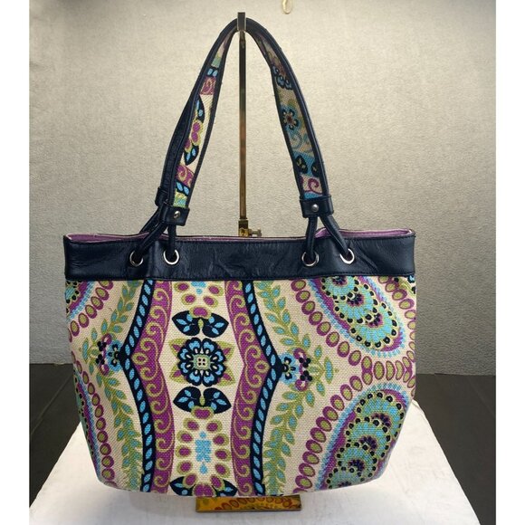 Spartina 449 Floral Multicolor‎ Linen Fabric with Black Leather Trim Tote Bag - Picture 13 of 13
